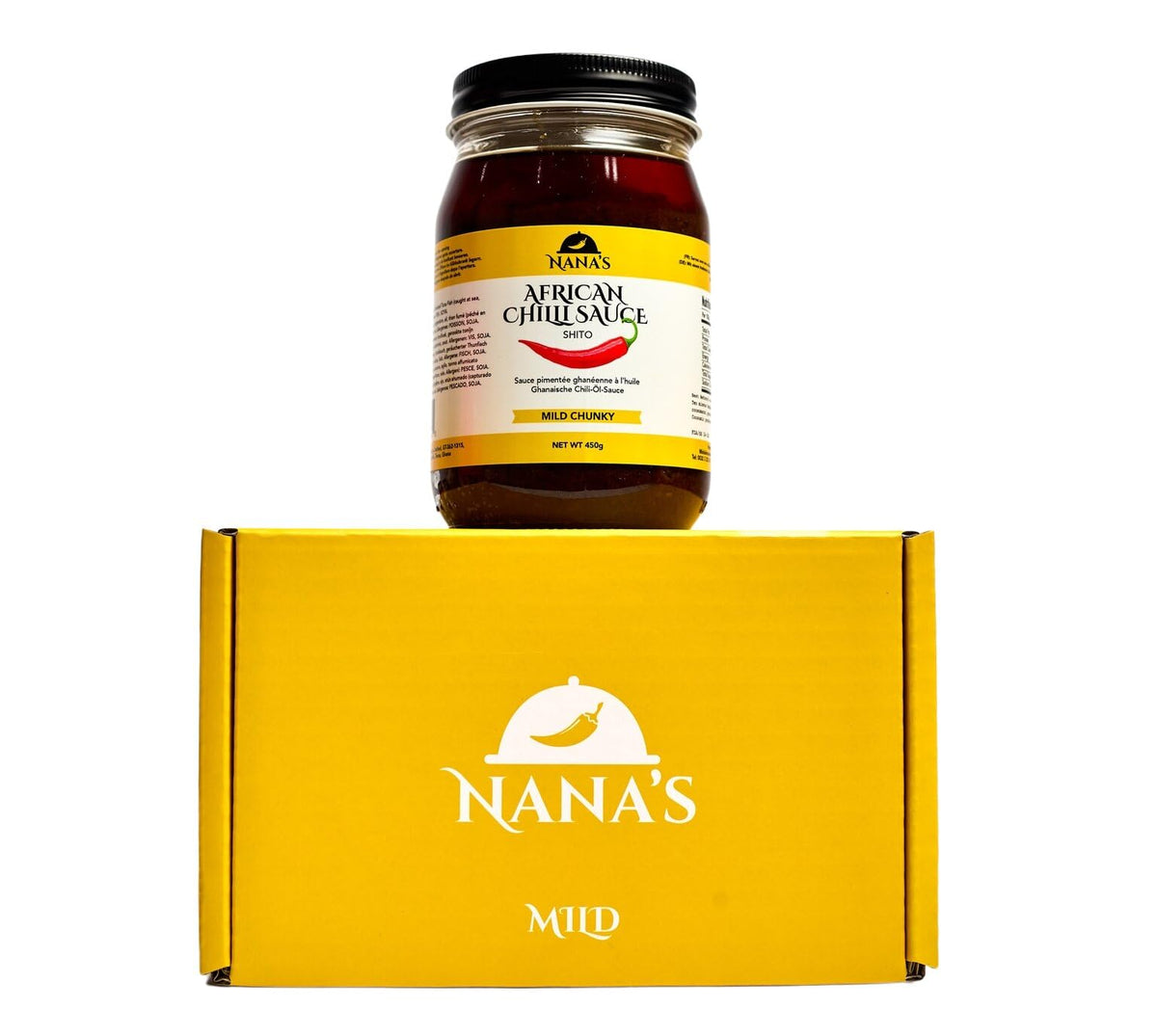 Nanas Kitchen Nana Shito Ghana Chili Sauce bottle highlighting fresh chili and shrimp for bold flavor