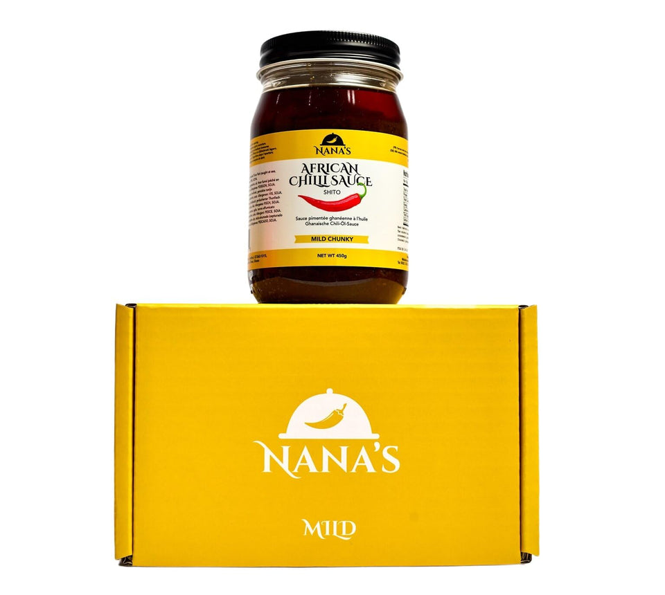 Nanas Kitchen Nana Shito Ghana Chili Sauce bottle highlighting fresh chili and shrimp for bold flavor