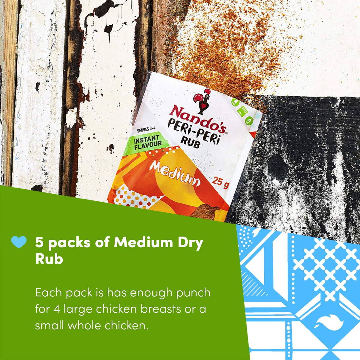 Product packaging image shows five 25g bags for multiple meals
