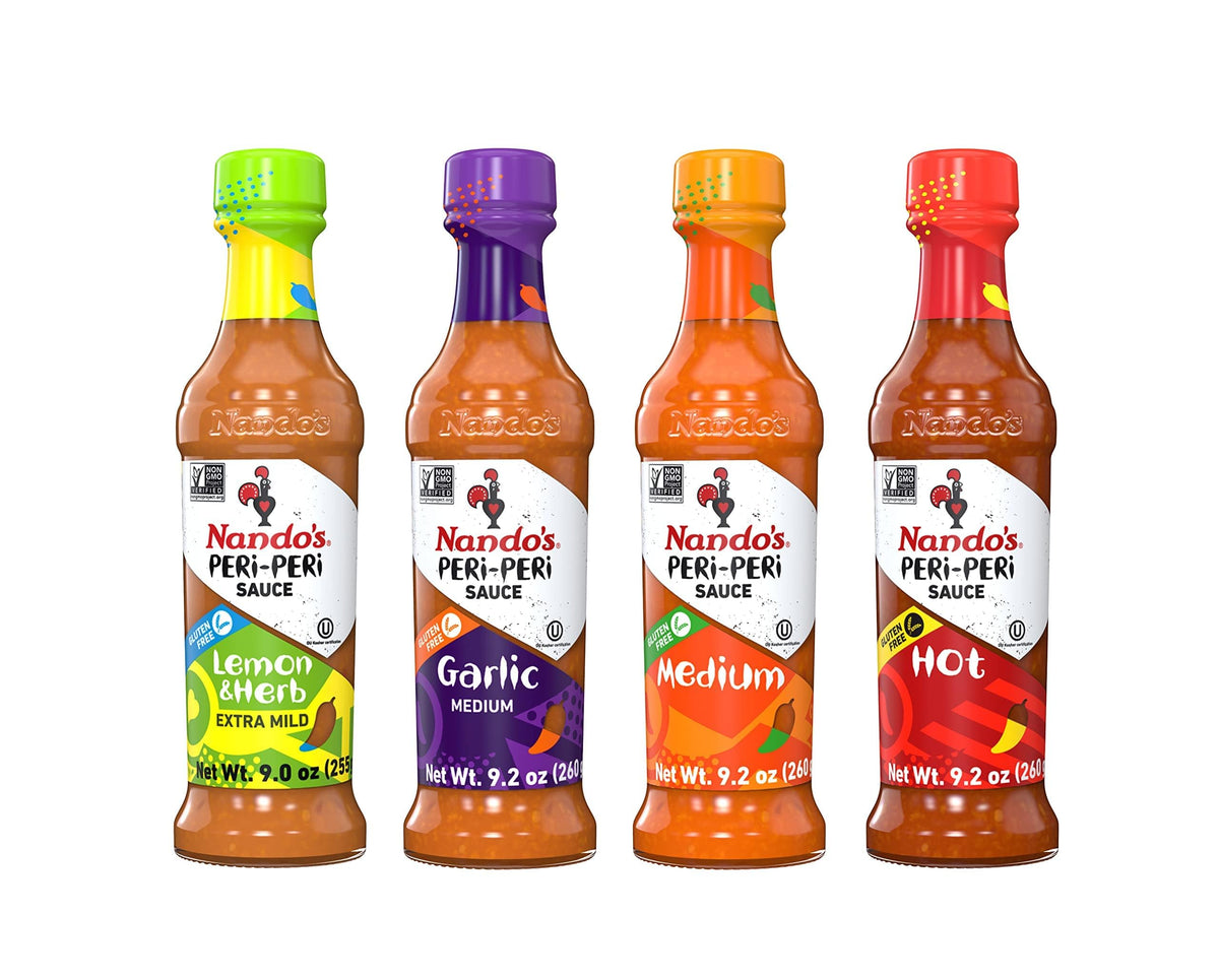 Nando's PERi-PERi gift pack front view showing four sauce bottles for versatile meals