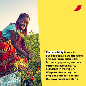 Nando's Peri-Peri packaging and label shot emphasizing non-GMO promise.