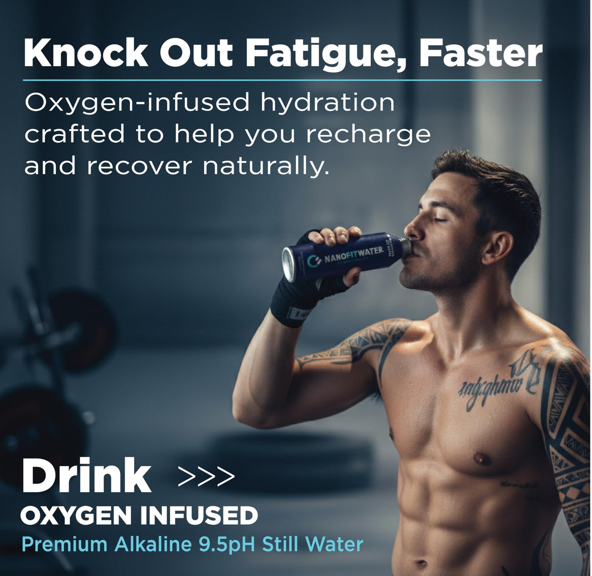 NANO FIT WATER alkaline bottle closeup highlights 9.5+ pH for smoother taste.