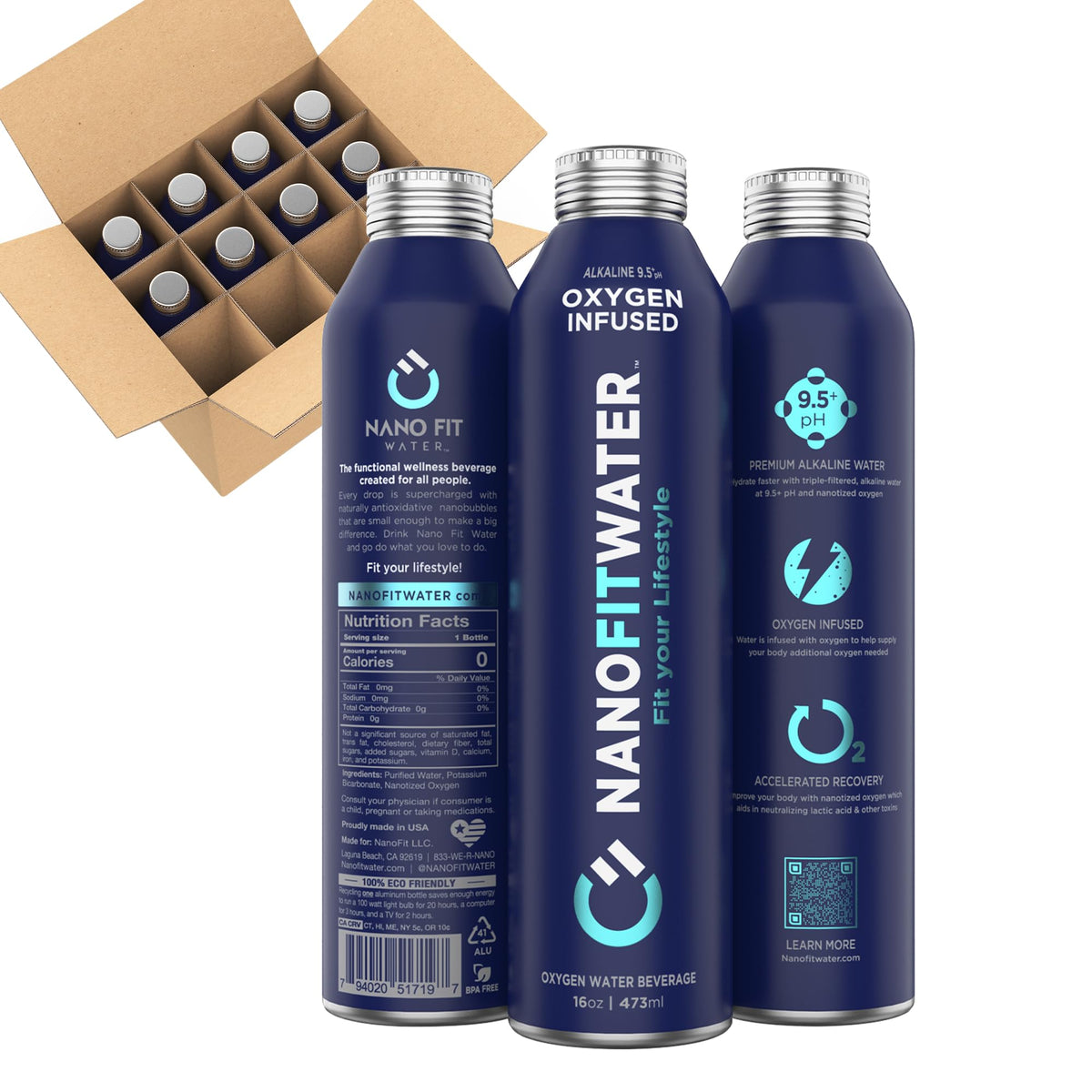 NANO FIT WATER oxygen-infused bottle front view supports rapid hydration for active individuals.