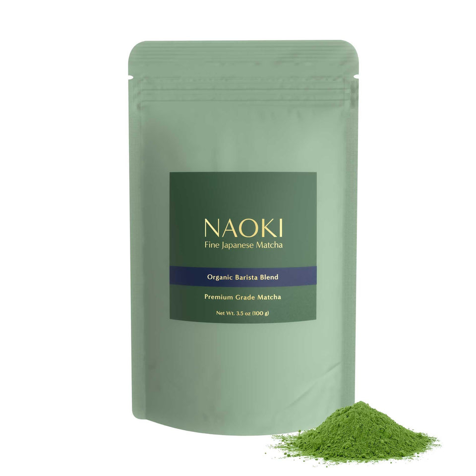 Naoki Matcha Barista Blend 100g packaging highlights value for home use.