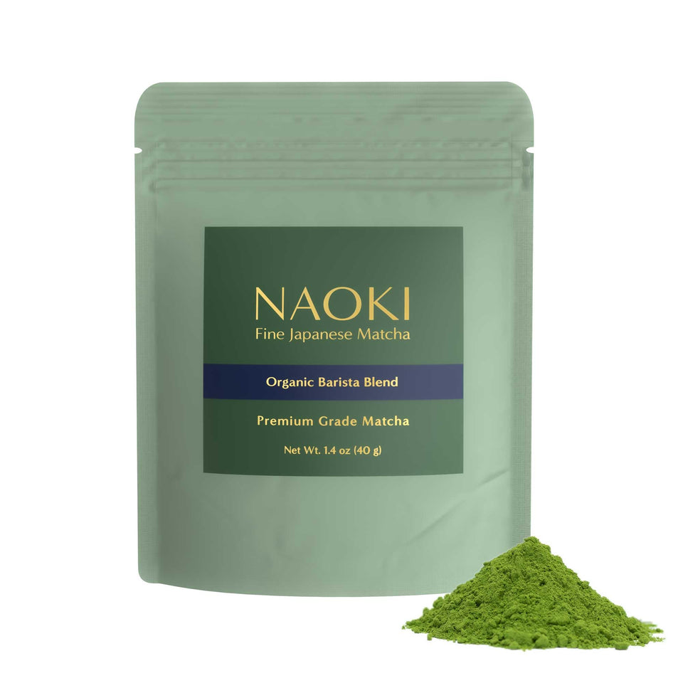 Naoki Matcha Barista Blend packaging front with resealable pouch for freshness.