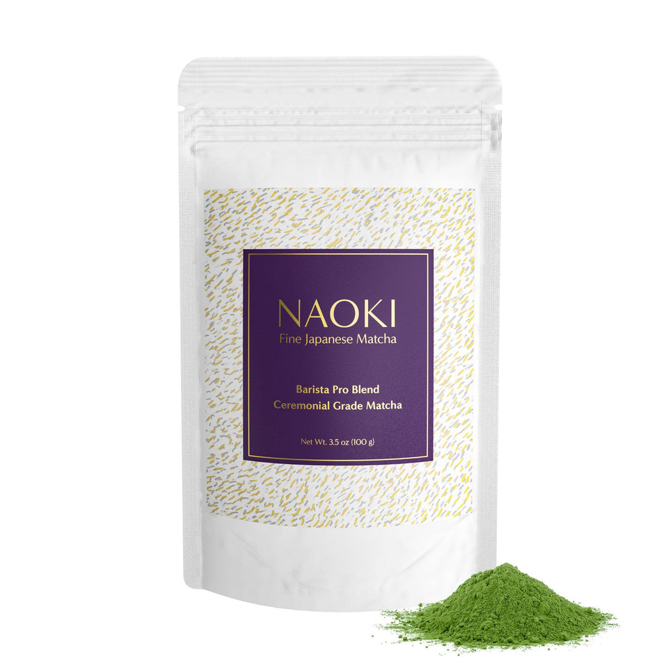 Naoki Matcha Barista Pro Blend ceremonial packaging emphasizes value and easy portioning.