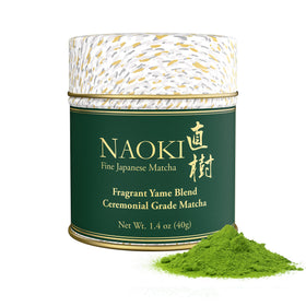 Naoki Matcha Fragrant Yame Blend tin close-up for daily ceremonial use.