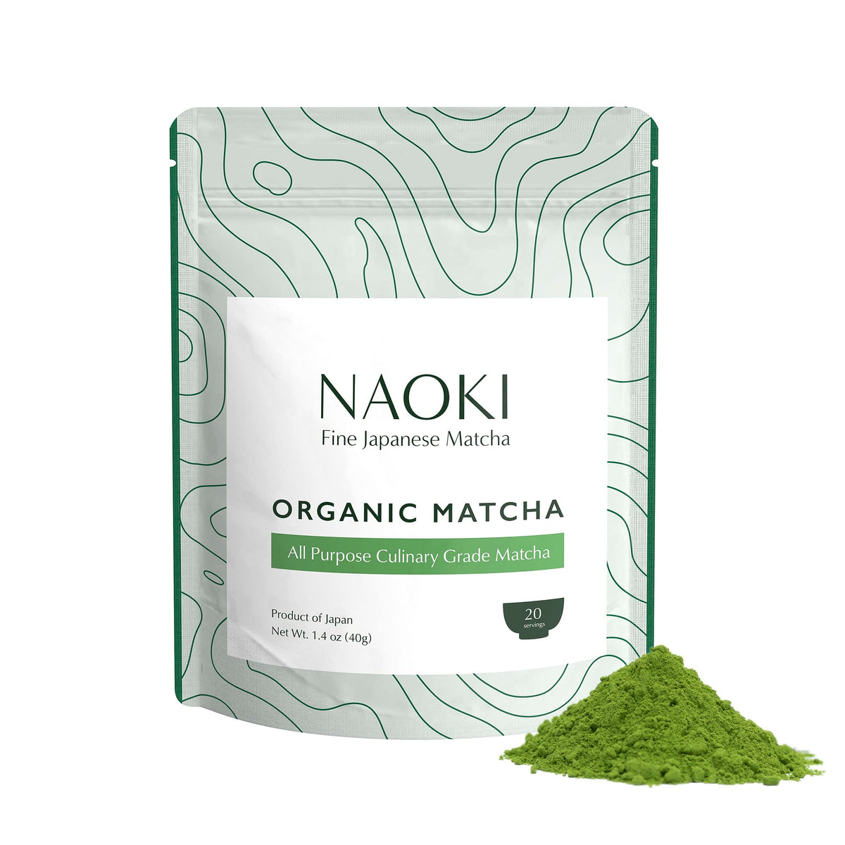 Naoki Matcha Organic All Purpose Blend packaging highlights premium organic matcha for home cooking.