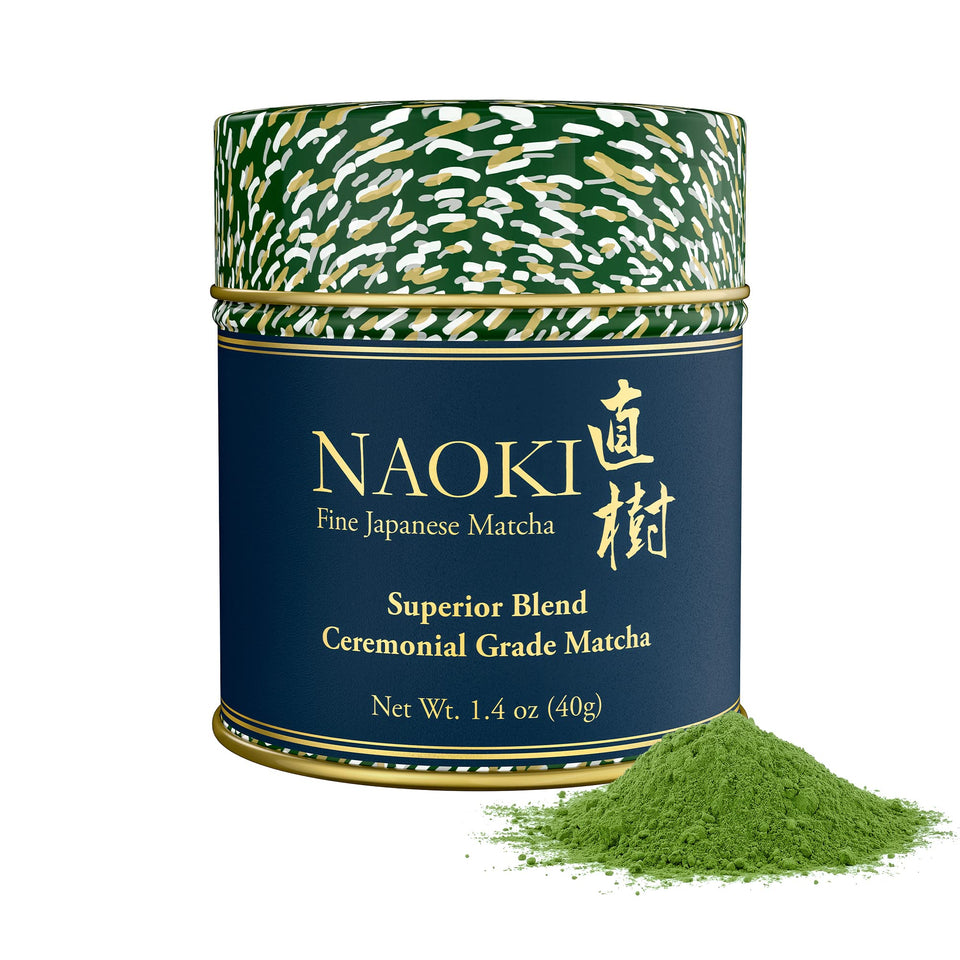 Naoki Matcha ceremonial blend tin front showing premium powder for authentic Uji tea