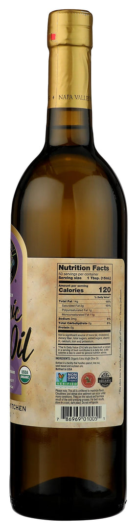Napa Valley Naturals Organic EVOO unfiltered appearance in glass bottle.