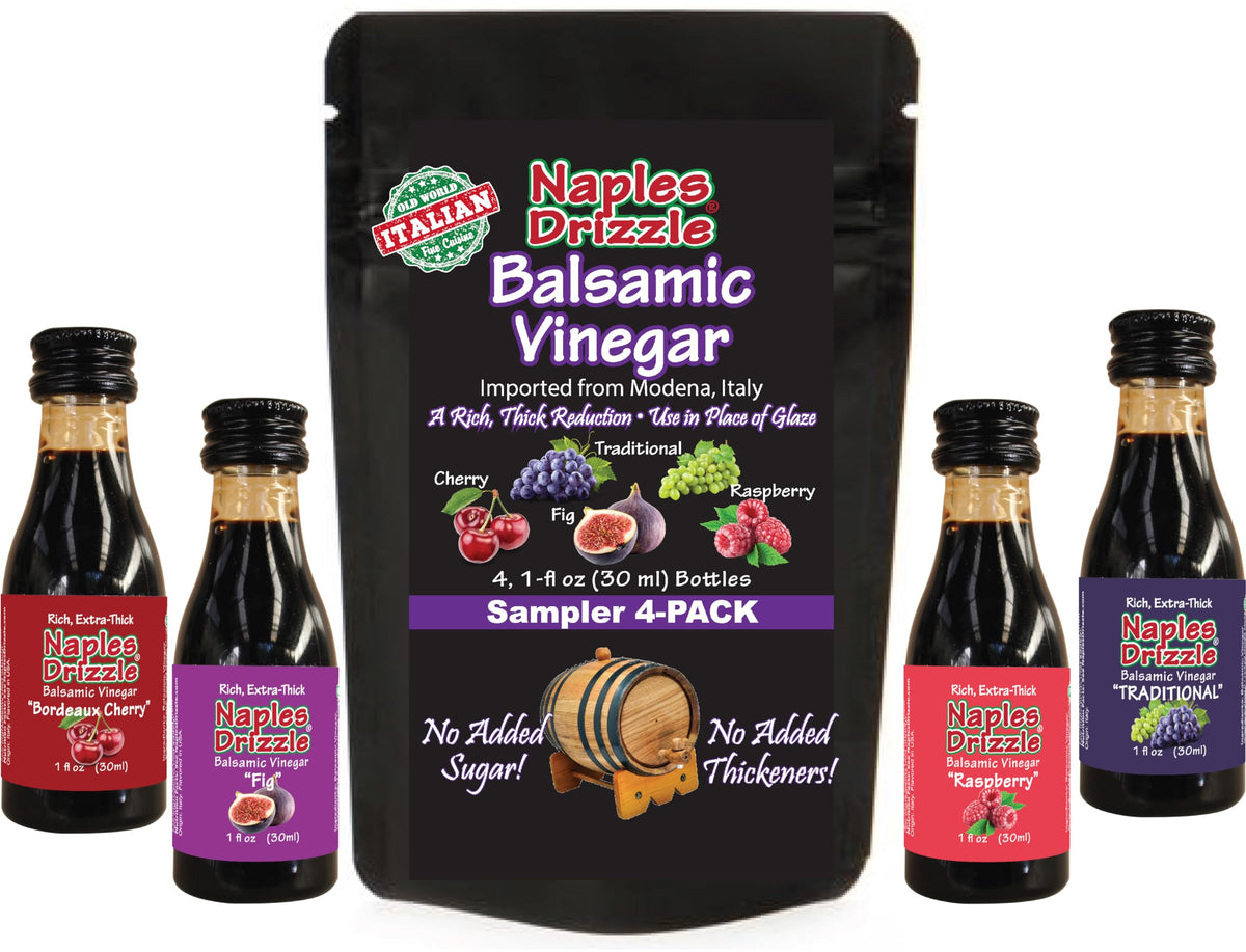 Naples Drizzle barrel-aged balsamic vinegar bottle highlights premium Modena flavor for salads