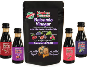 Naples Drizzle barrel-aged balsamic vinegar bottle highlights premium Modena flavor for salads