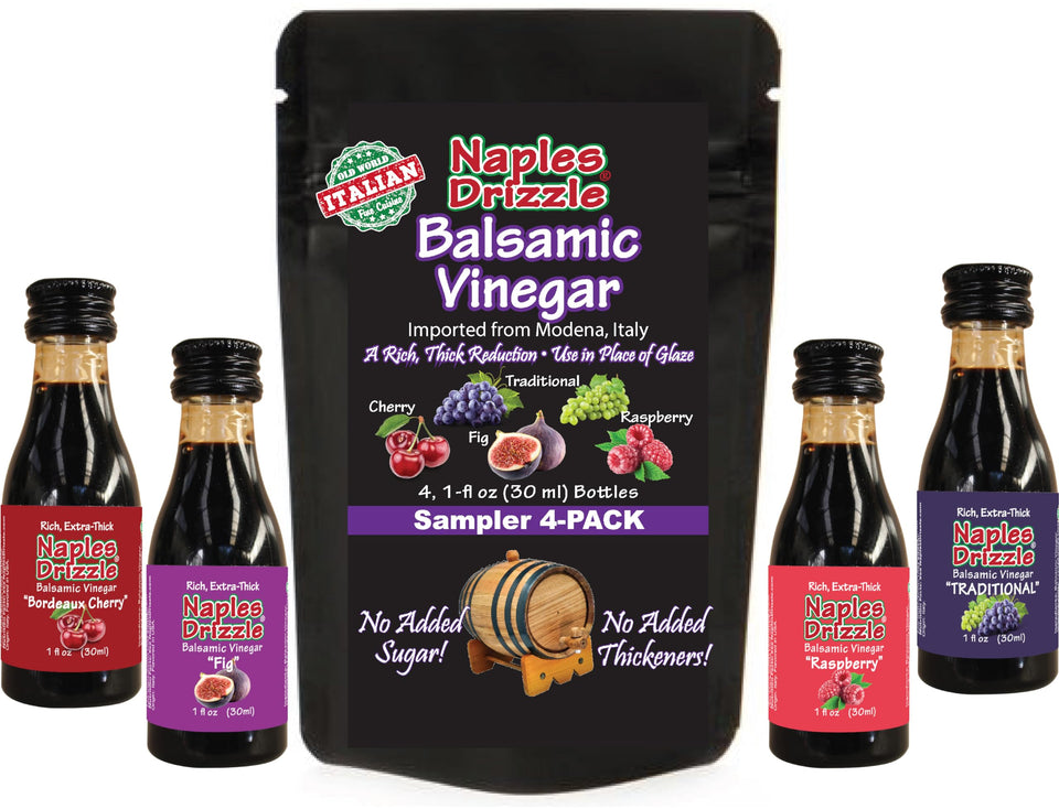 Naples Drizzle barrel-aged balsamic vinegar bottle highlights premium Modena flavor for salads
