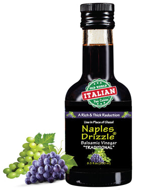 Naples Drizzle Traditional Balsamic Reduction bottle pouring a thick glaze for gourmet dishes.