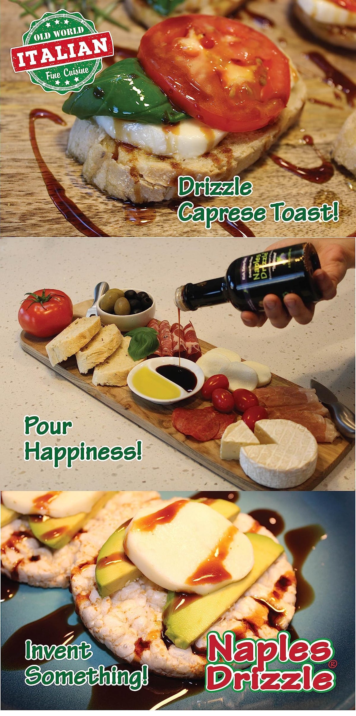 Naples Drizzle Traditional Balsamic Reduction glaze on cheese enhances flavor.