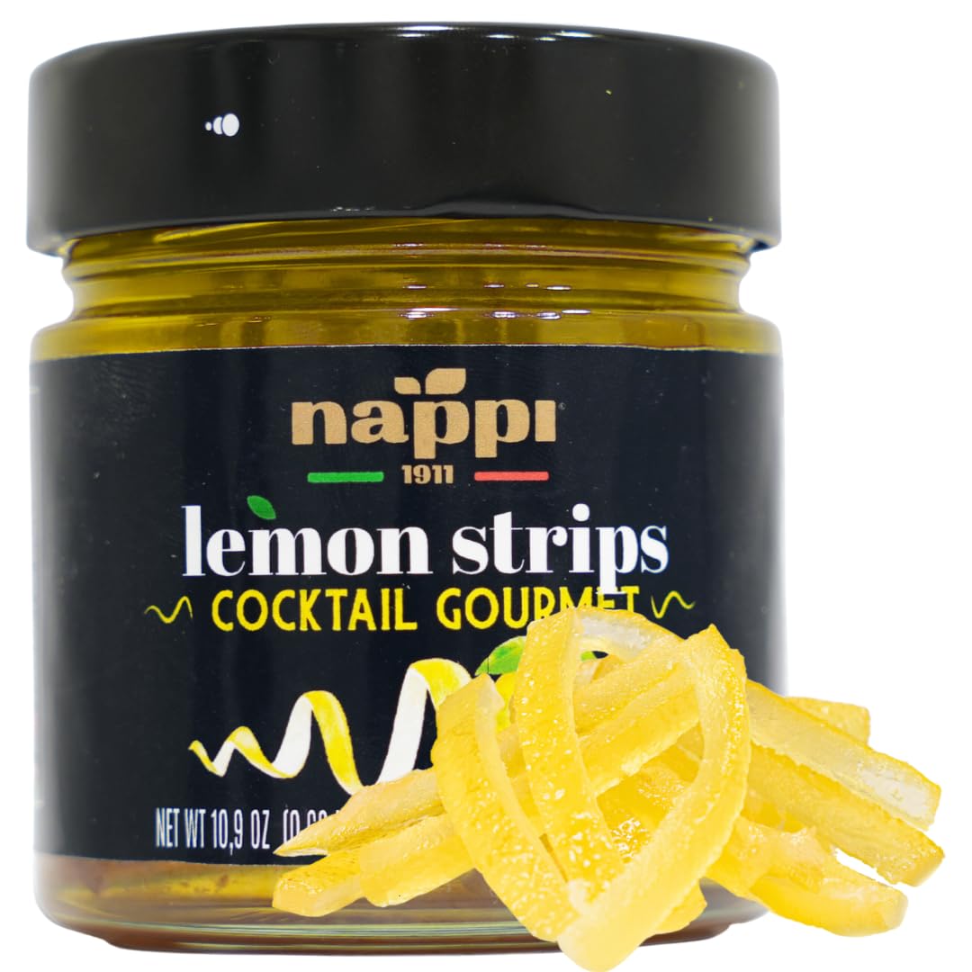 Nappi 1911 Lemon Twist candied peel in syrup jar for elegant garnishes