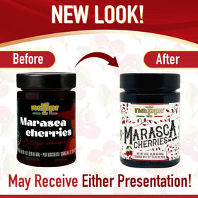 Nappi 1911 Marasca cherries in syrup bottle ready to pour in desserts.