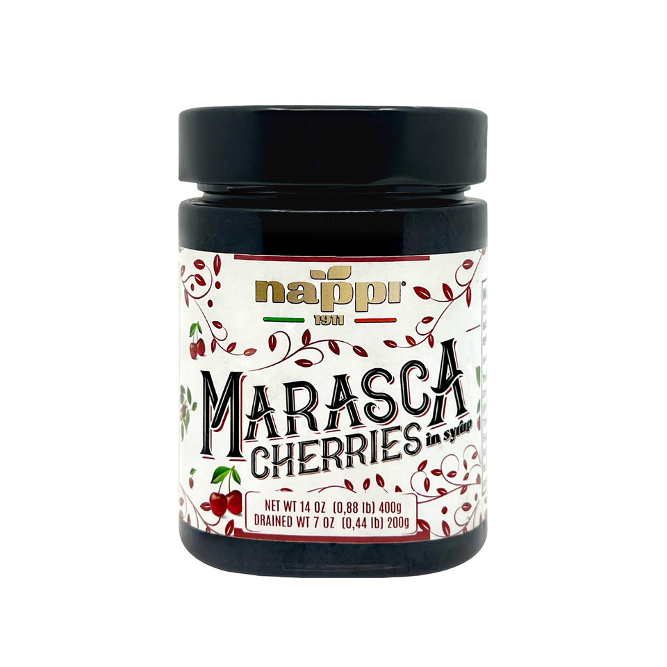 Nappi 1911 Marasca cherries in syrup in a glass jar, ideal for cocktails.