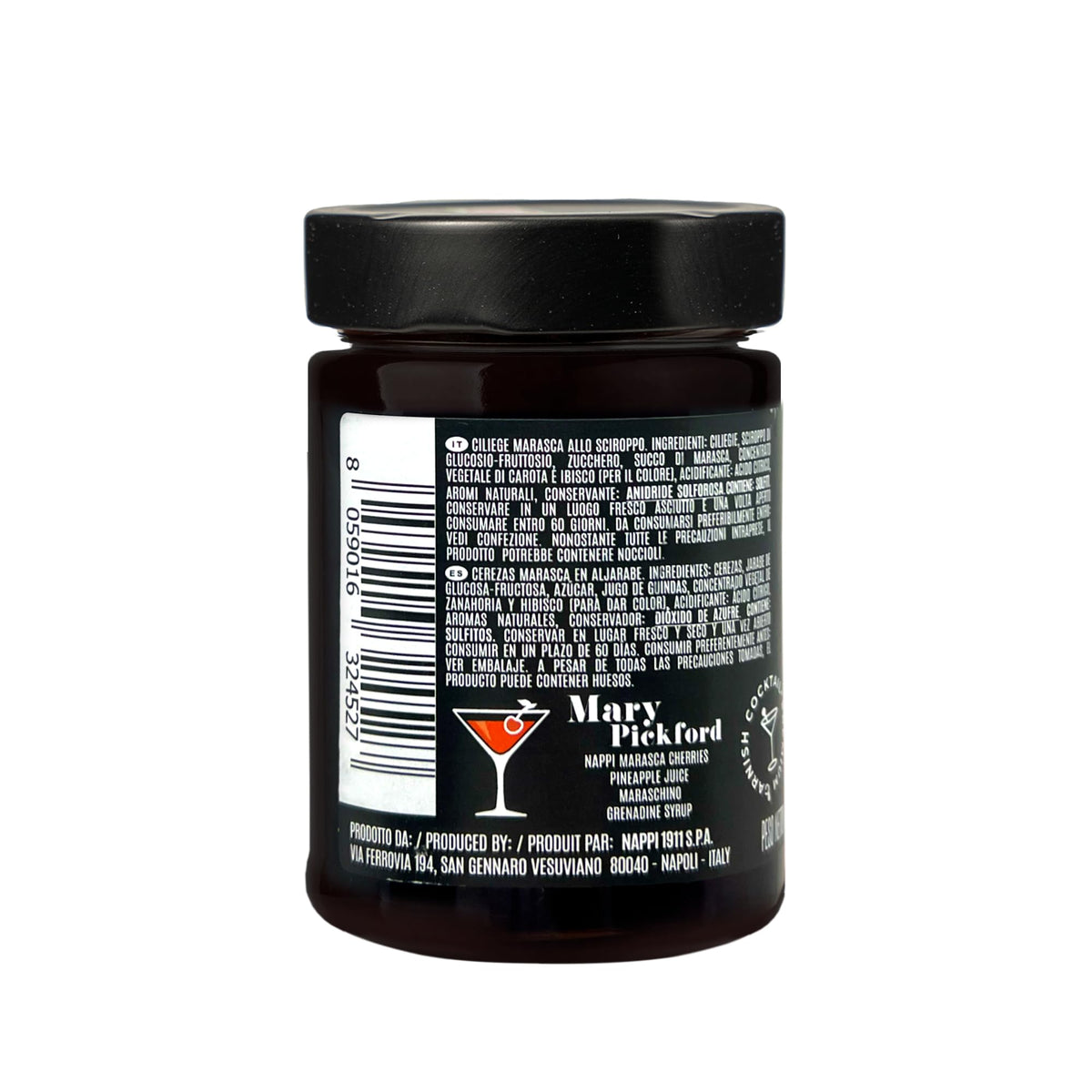 Nappi 1911 Marasca cherries in syrup label from Italy, premium quality.
