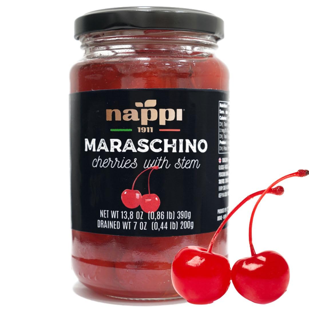 Nappi 1911 maraschino cherries with stems in syrup, ideal cocktail garnish.