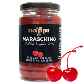 Nappi 1911 maraschino cherries with stems in syrup, ideal cocktail garnish.