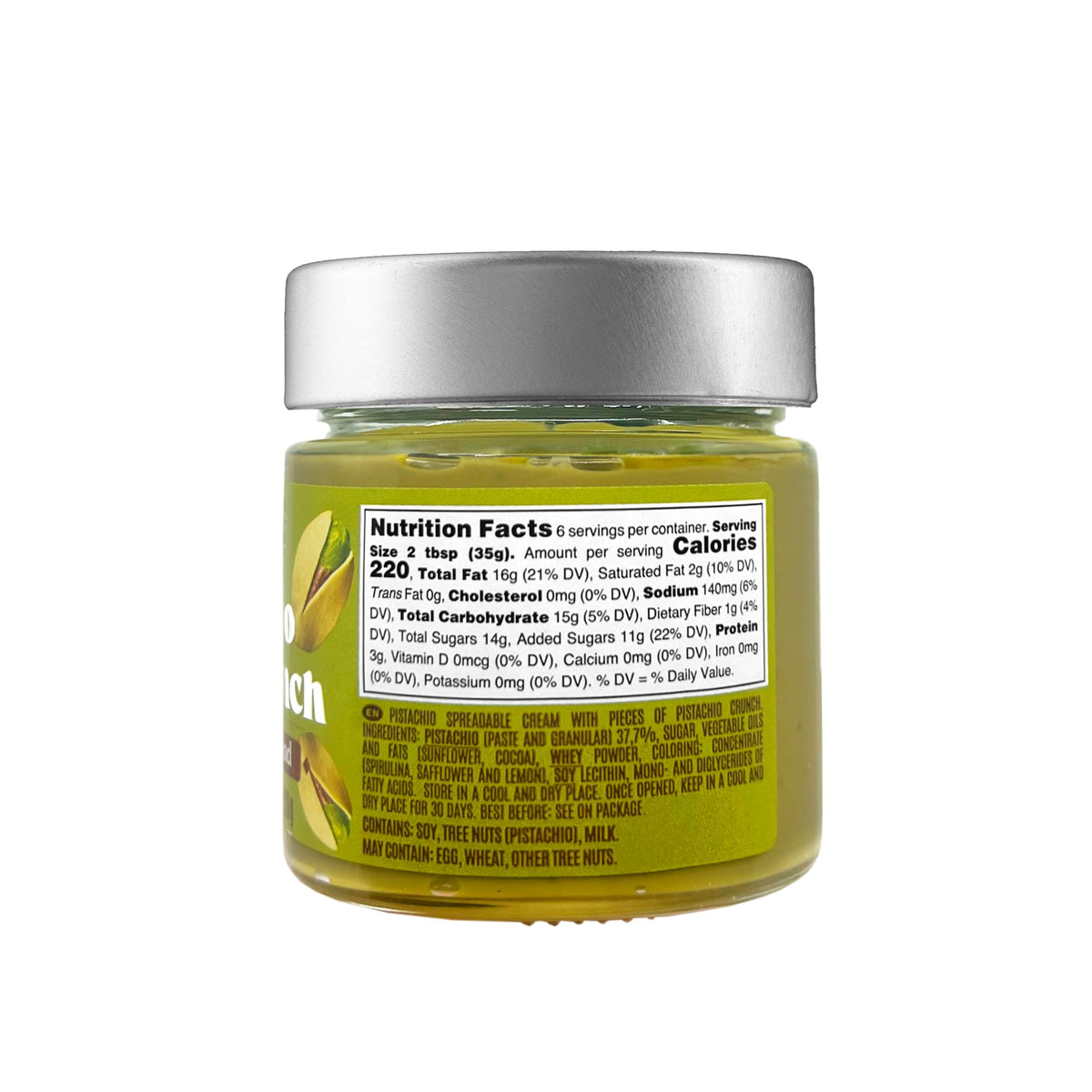 Nappi 1911 Crunchy Pistachio Butter jar open showing creamy texture with crunch for snacking and spreading.