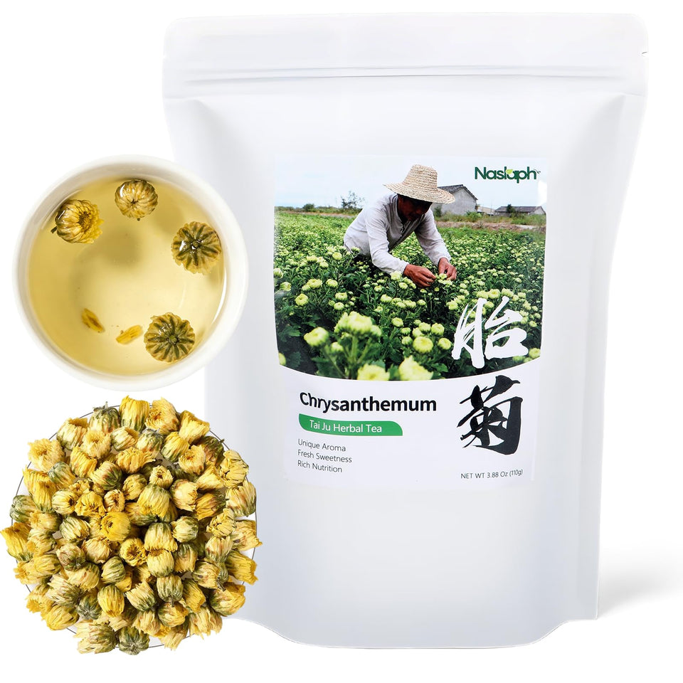 NASLAPH Chrysanthemum Tea brew shows a bright golden liquor with a calming floral aroma.