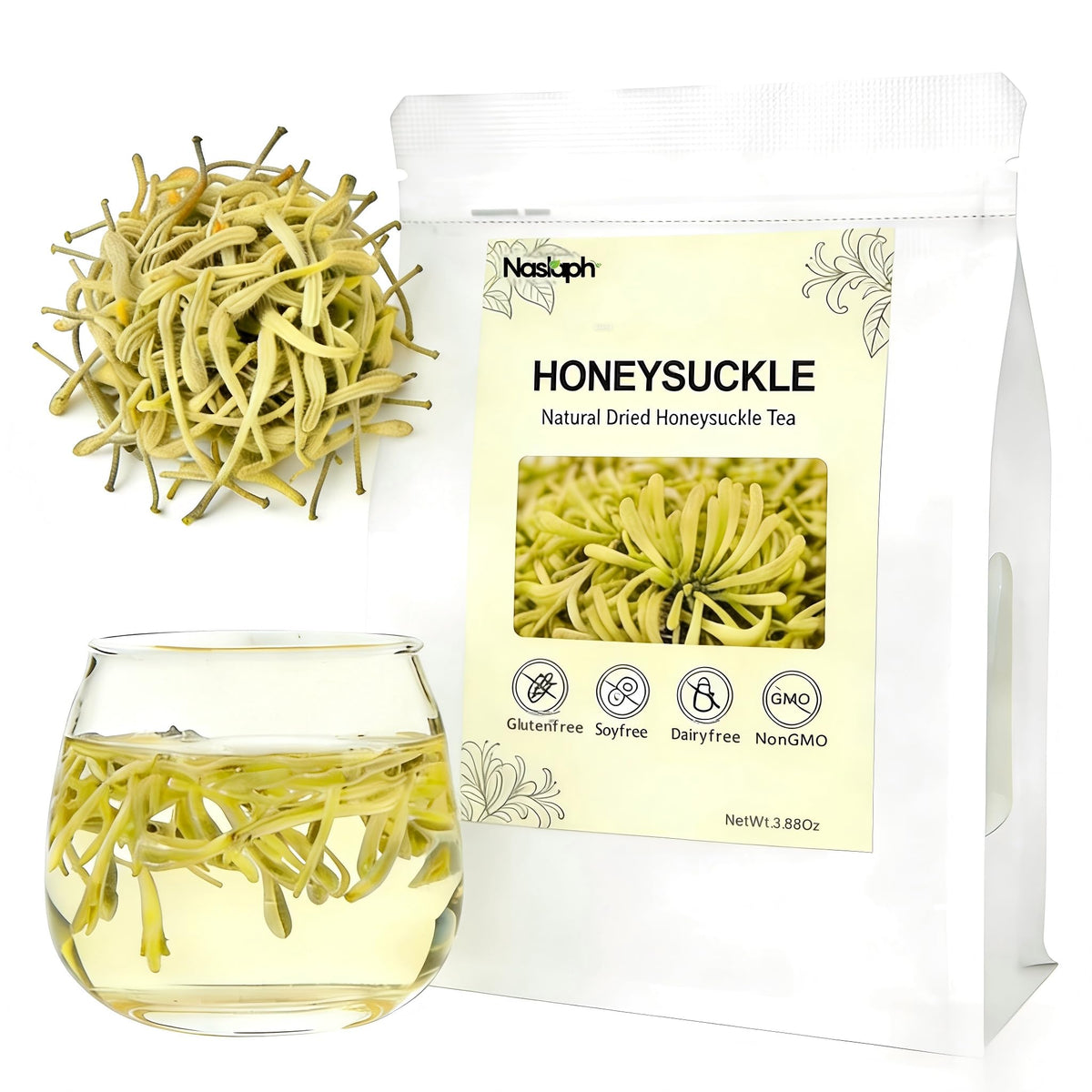 NASLAPH dried honeysuckle buds close-up for infusion with delicate floral aroma.