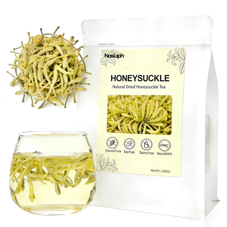 NASLAPH dried honeysuckle buds close-up for infusion with delicate floral aroma.