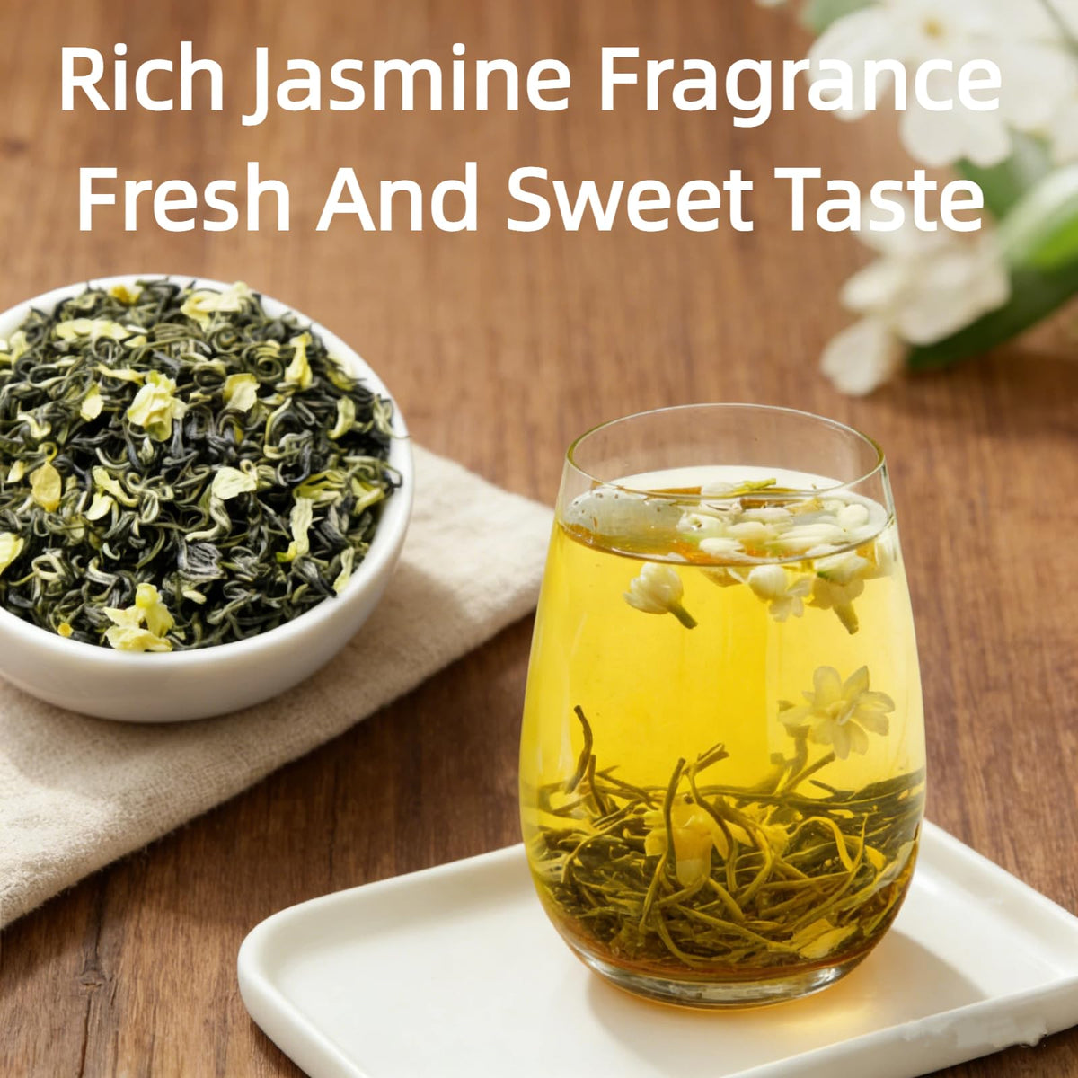 NASLAPH Jasmine Green Tea brewed cup captures delicate floral aroma and sweetness.