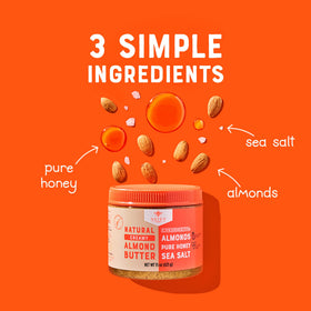 Nate's Honey Almond Butter ingredients display highlights almonds, honey, and sea salt for clean eating.
