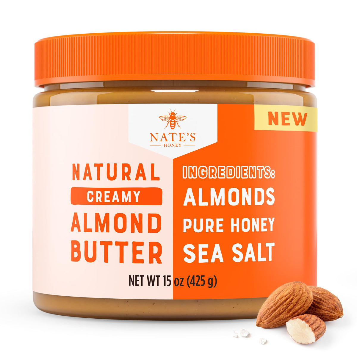 Nate's Honey Almond Butter jar closeup shows creamy texture and simple ingredients for snacking.