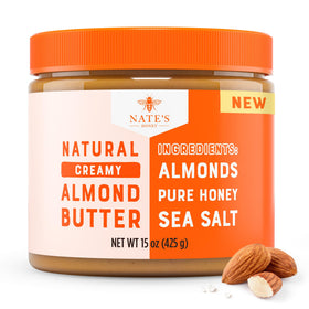 Nate's Honey Almond Butter jar closeup shows creamy texture and simple ingredients for snacking.