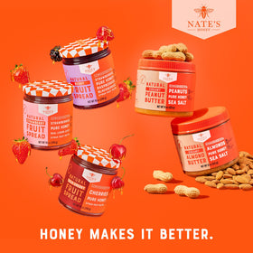 Nate's Honey Almond Butter jar on kitchen counter conveys everyday pantry staple.