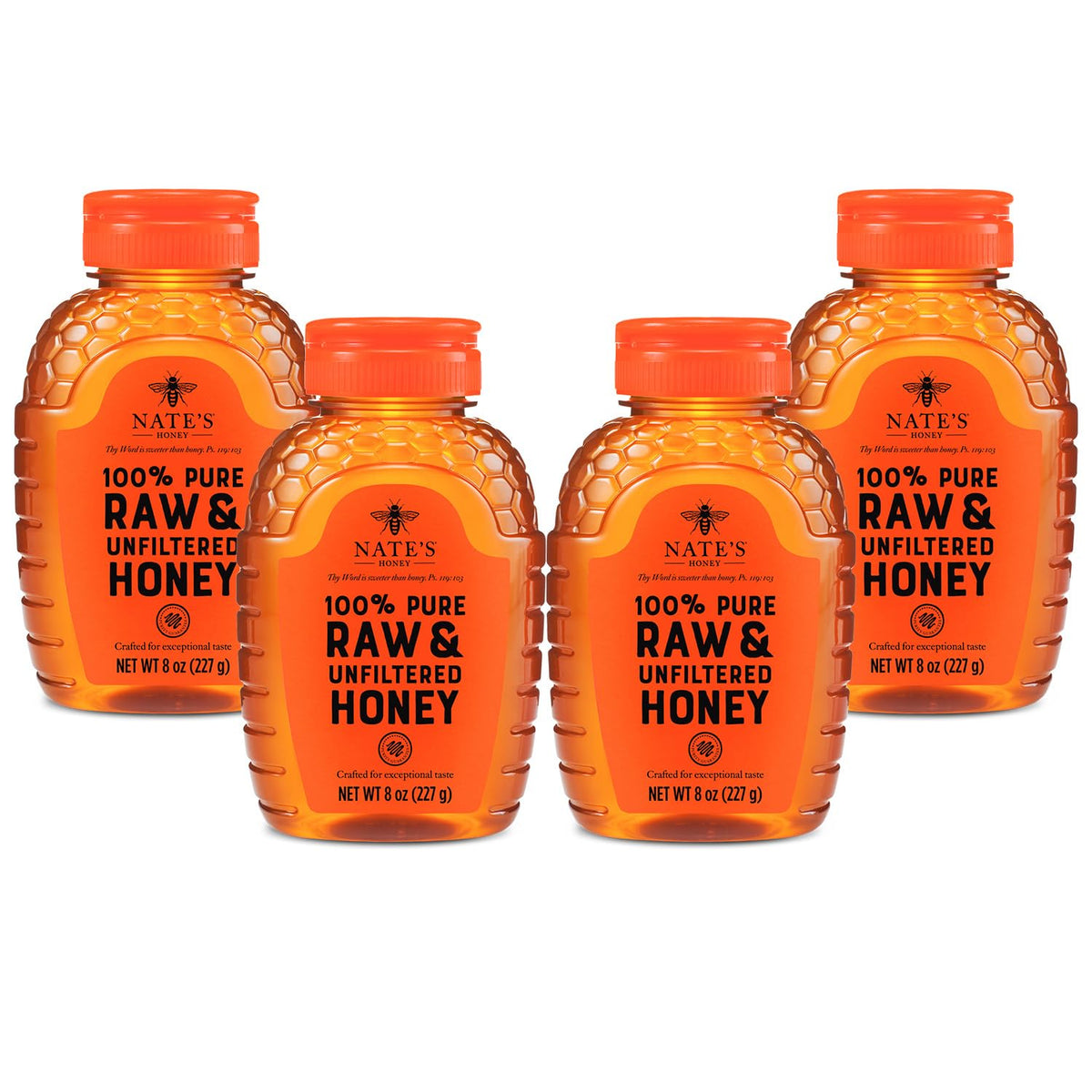 Nate's Honey bottle of raw unfiltered honey ready for daily use.