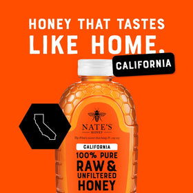Nate's Honey California label closeup emphasizes raw, unfiltered quality.