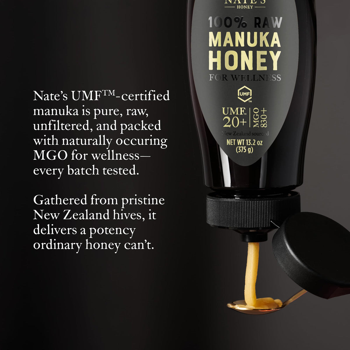 Nate's Gold Edition Manuka label confirms UMF 20+ and MGO 830+ potency.