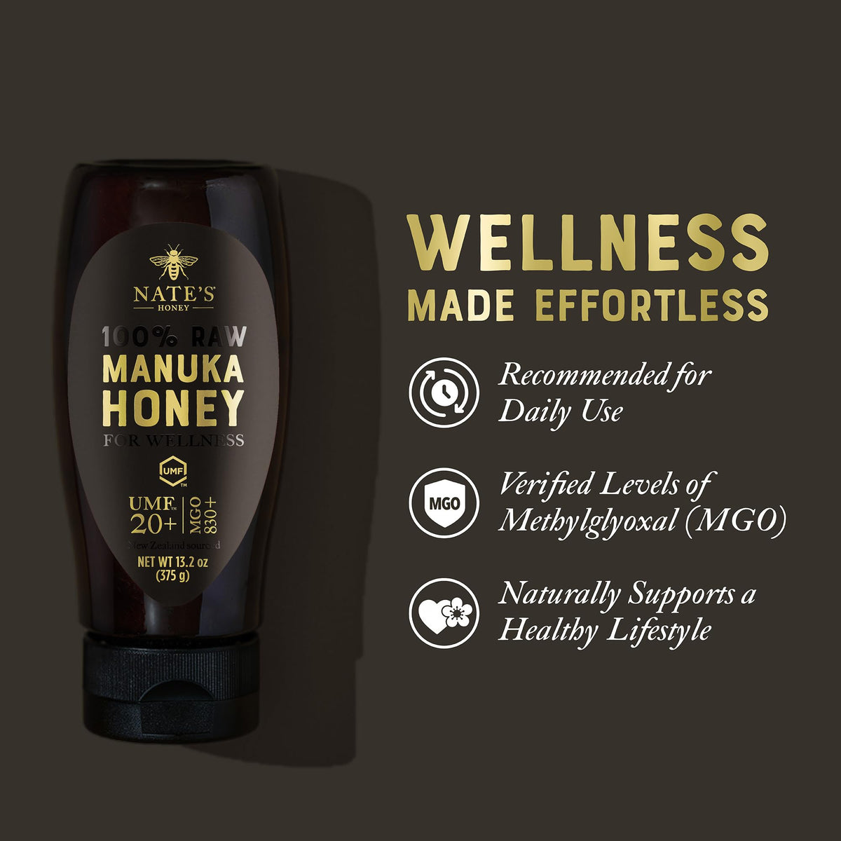 Nate's Honey Gold Edition squeeze bottle offers precise portions and mess-free use.
