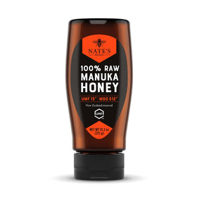 Nate's Manuka honey bottle cap close-up, ready for quick energy.