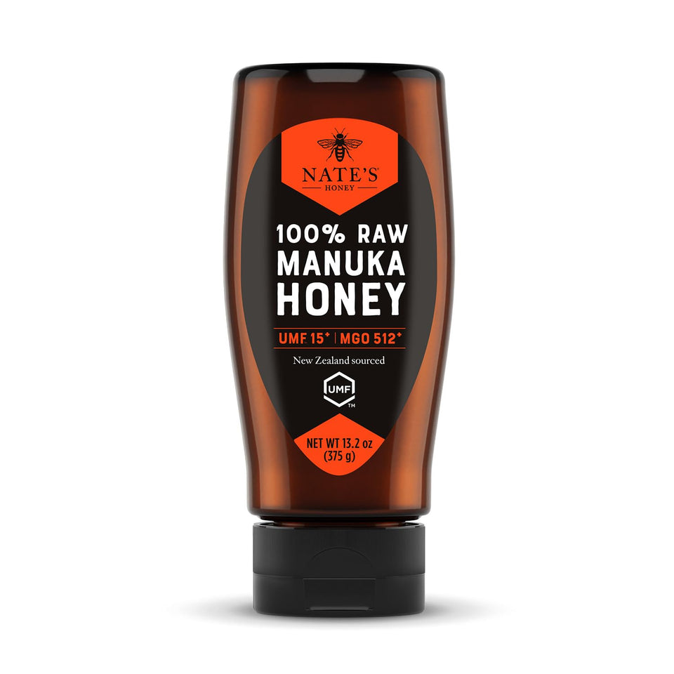 Nate's Manuka honey bottle cap close-up, ready for quick energy.