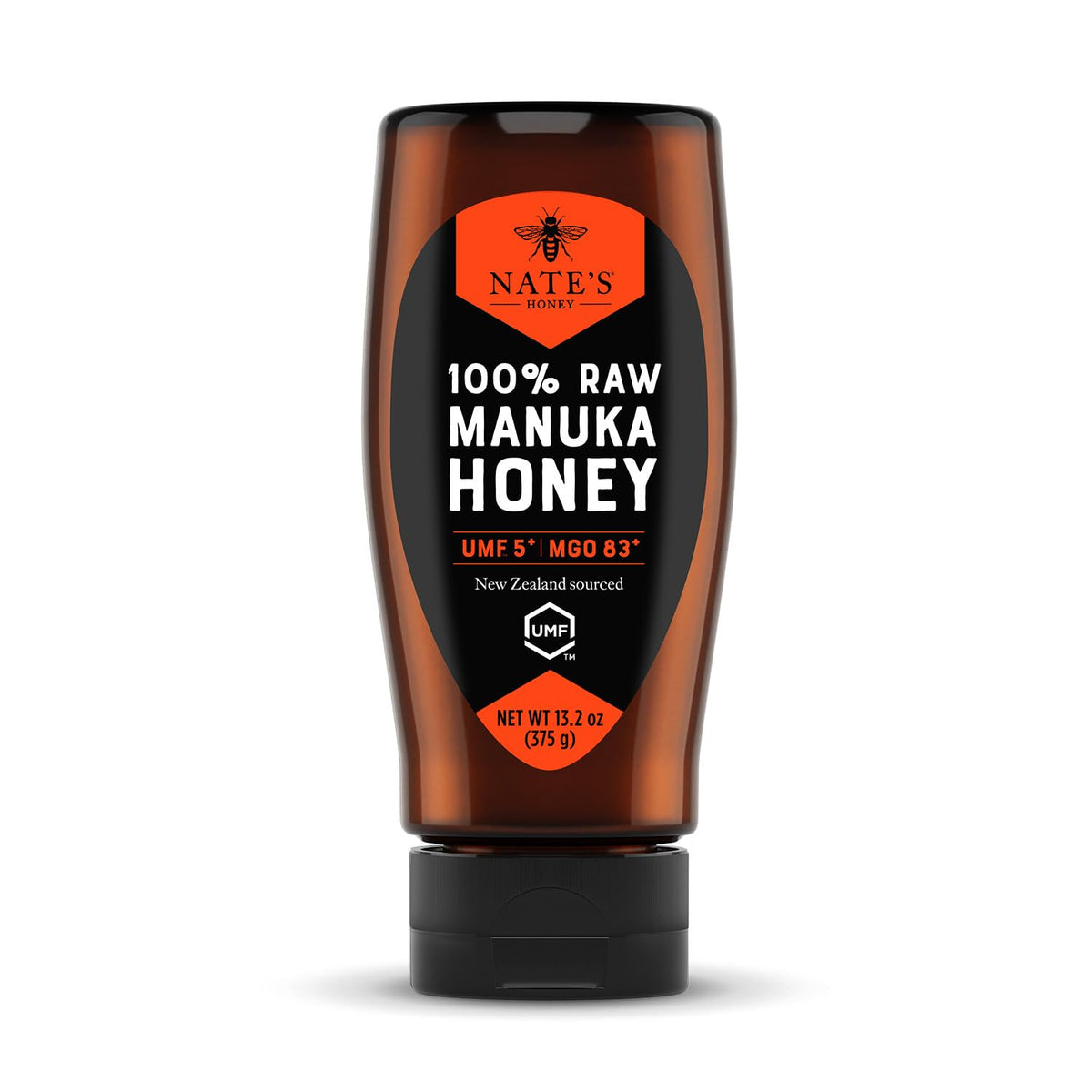 Nate's Honey Manuka bottle close-up showing rich color and premium quality