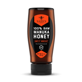 Nate's Honey Manuka bottle close-up showing rich color and premium quality