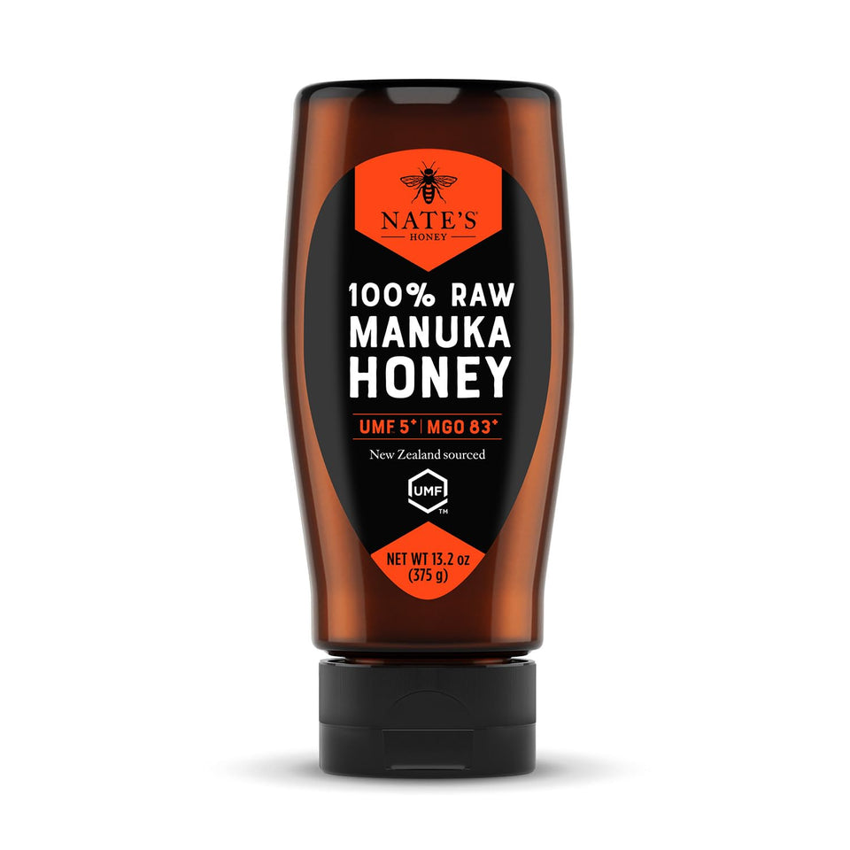 Nate's Honey Manuka bottle close-up showing rich color and premium quality