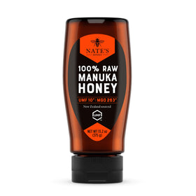 Nate's Honey Manuka bottle close-up showing rich color for everyday tasting.