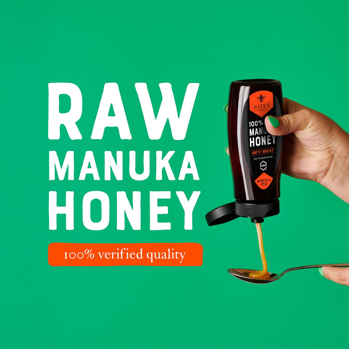 Nate's Manuka bottle pour illustrates smooth drizzle for tea
