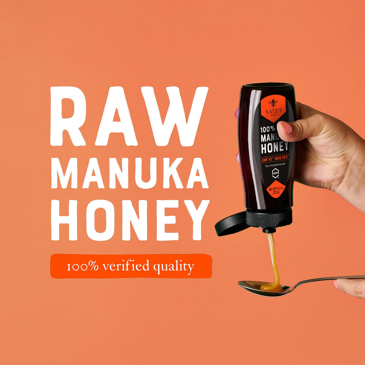 Nate's Honey Manuka bottle pour demonstrates mess-free serving for on-the-go.