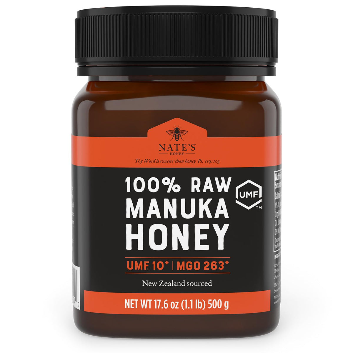 Nate's Honey Manuka jar with scoop showing rich daily-use texture.