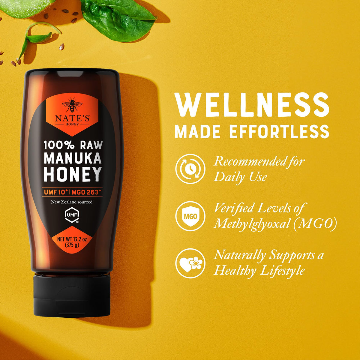 Nate's Honey Manuka texture close-up highlights creamy, smooth honey.