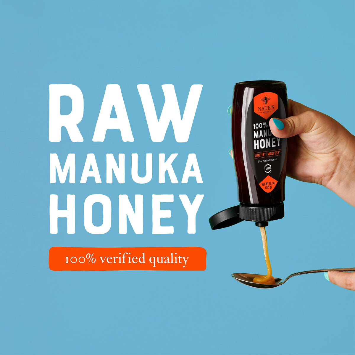 Nate's Manuka honey texture close-up, rich and creamy for easy spreading.
