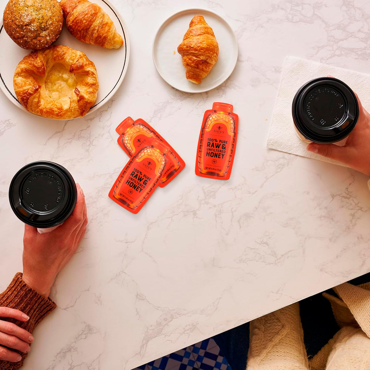 Coffee setup with Nate's Honey Minis for a natural sweetness boost.